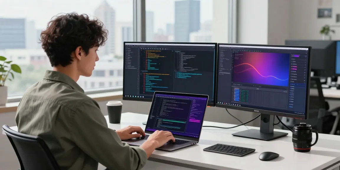 Highly engaged developer coding in a modern workspace displaying telegram中文 interfaces on dual monitors amidst a vibrant city backdrop