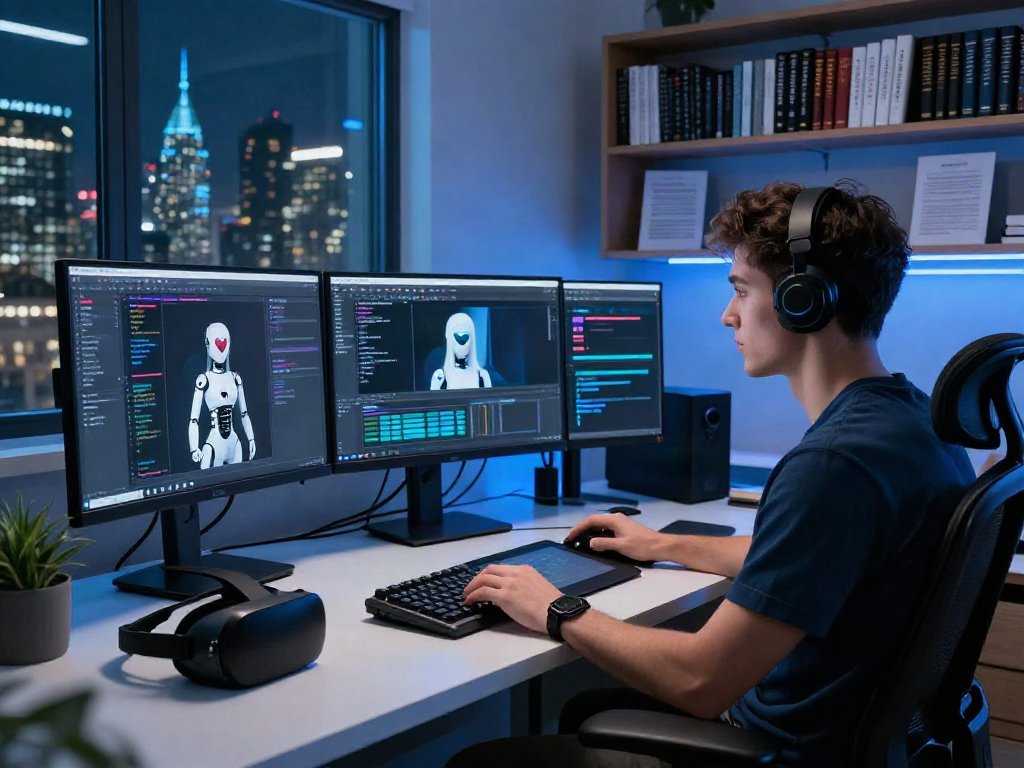 Innovative tech workspace for developing a sex bot application, featuring coding screens and AI gadgets.