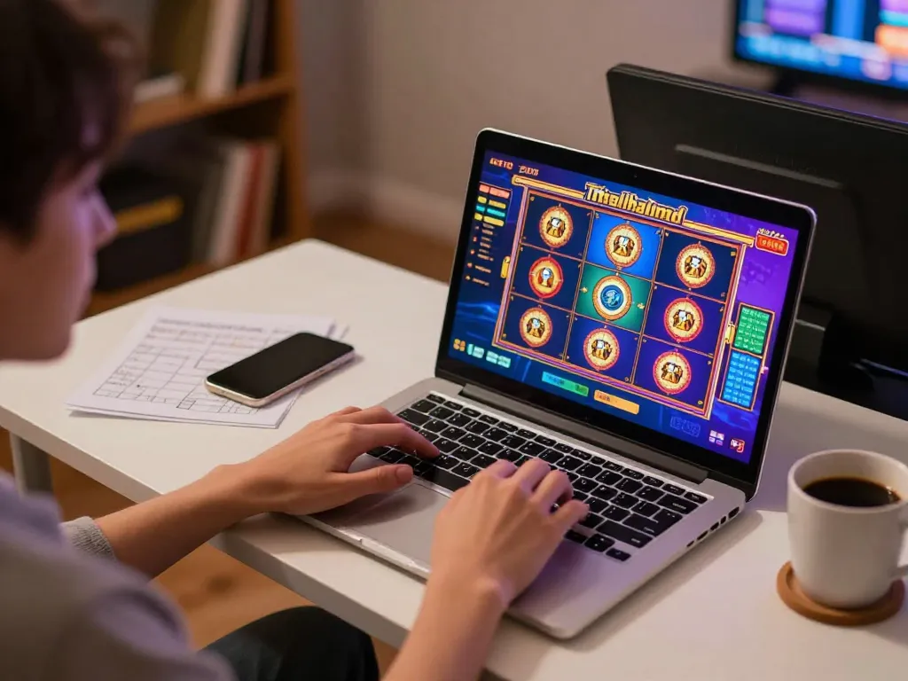 Exciting slot thailand online gaming session with a player engaging on their laptop at home.