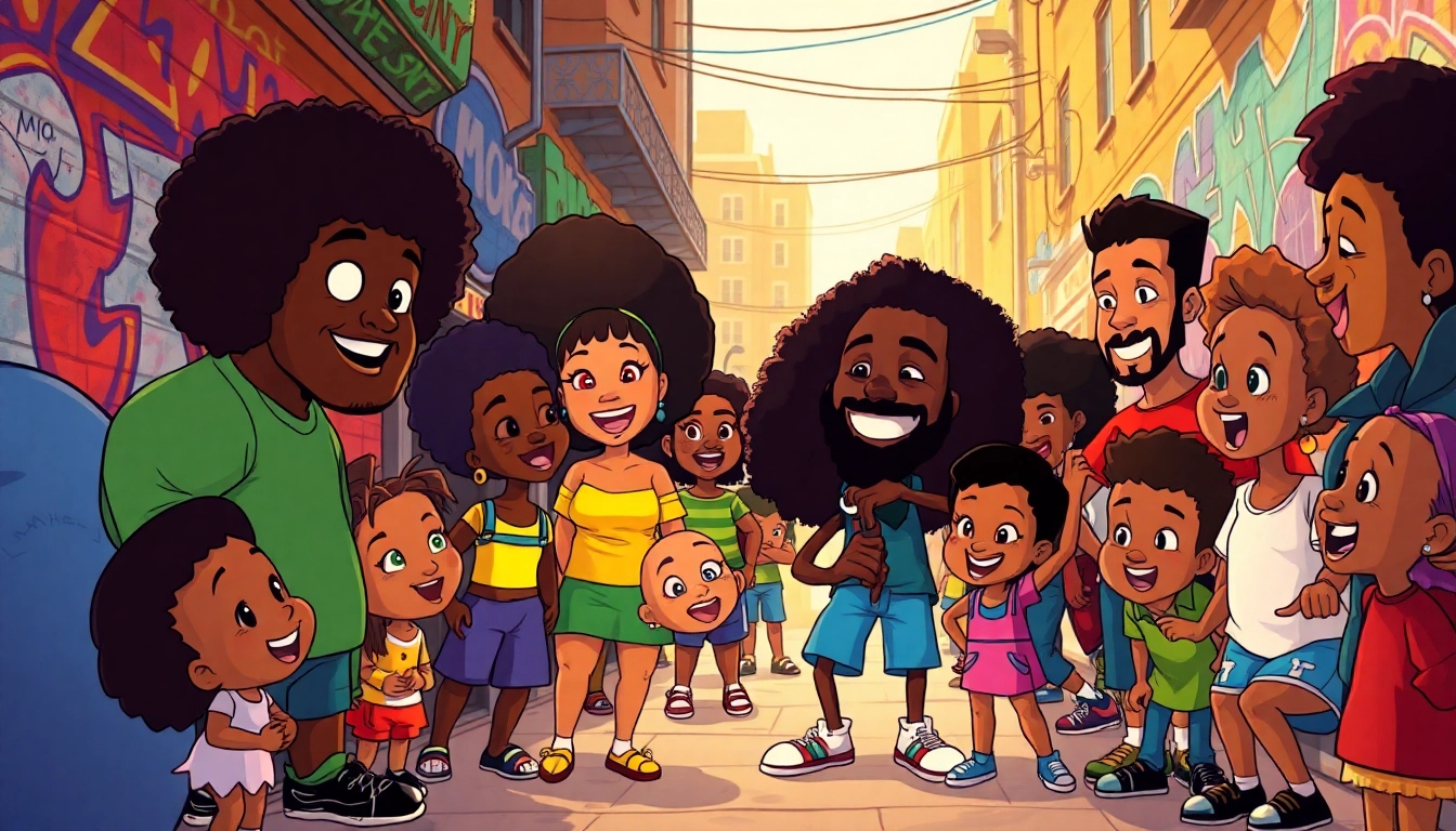 Diverse African American Cartoons showcasing vibrant characters and community interactions in an urban setting.