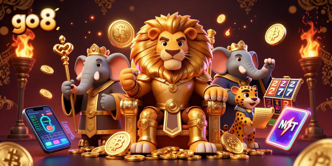 Experience the excitement of go 8 with a roaring lion king, crypto elements, and vibrant slots in a dazzling casino scene.