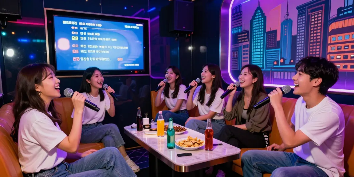 Group of friends singing joyfully at 강남 도파민 가라오케 with colorful lighting and modern decor.
