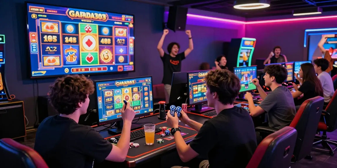 Exciting garuda303 gaming scene with players cheering in a vibrant online gaming lounge atmosphere.