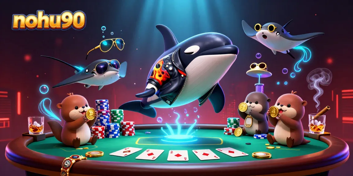 Nohu90 features entertaining sea creatures engaging in poker games, showcasing vibrant casino life.