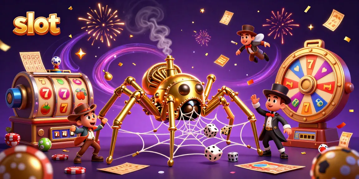 Experience thrilling slot action with a golden spider, jackpot symbols, and festive elements.