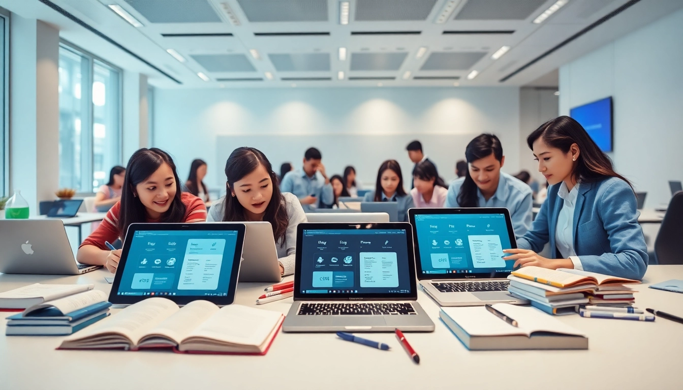 Youdao users engaging with advanced language learning technology in a modern digital classroom.