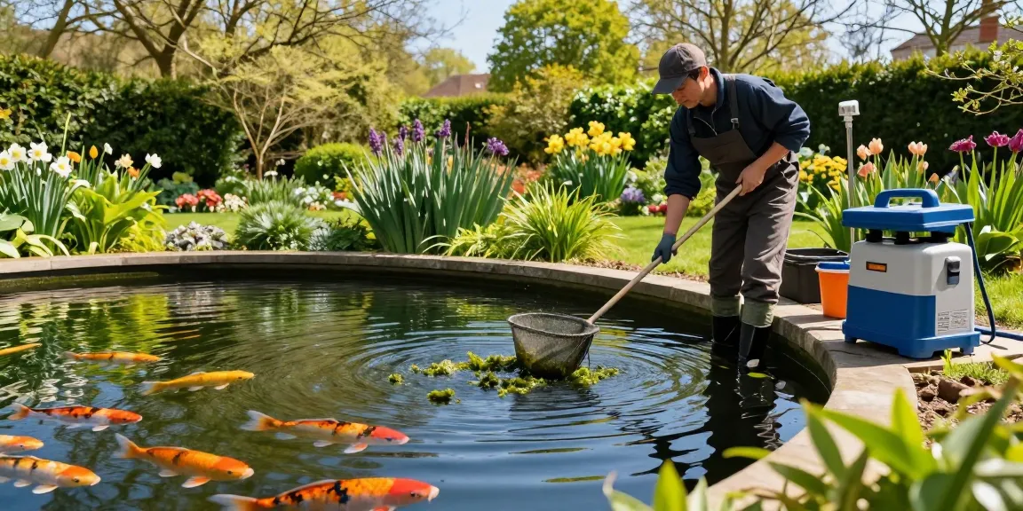Pond Clean Essex services actively removing algae and debris while caring for a stunning koi pond ecosystem.