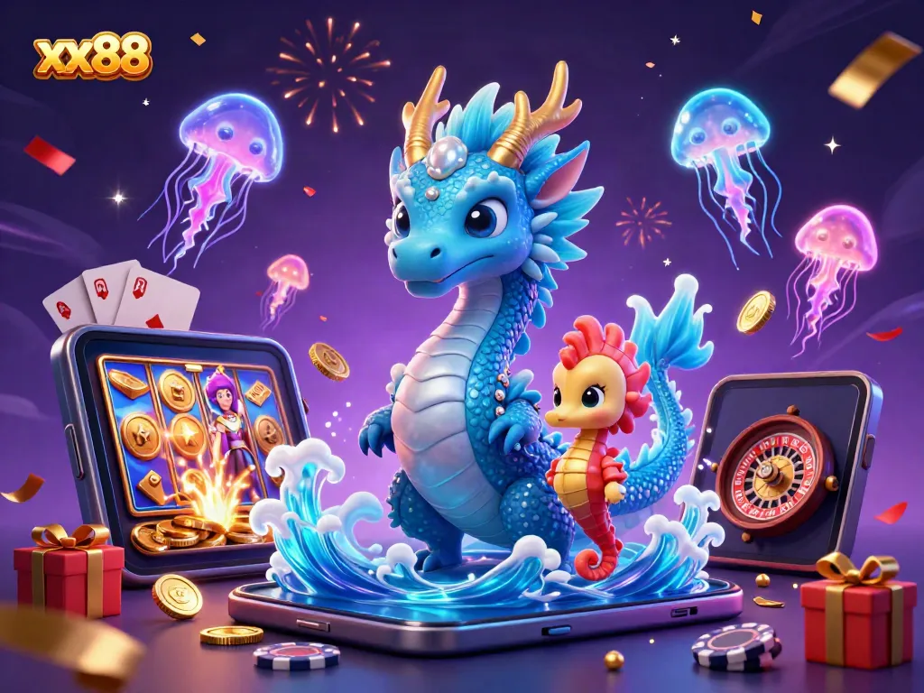 Experience thrilling gameplay at xx88 with vibrant slots, an azure dragon, and festive elements.