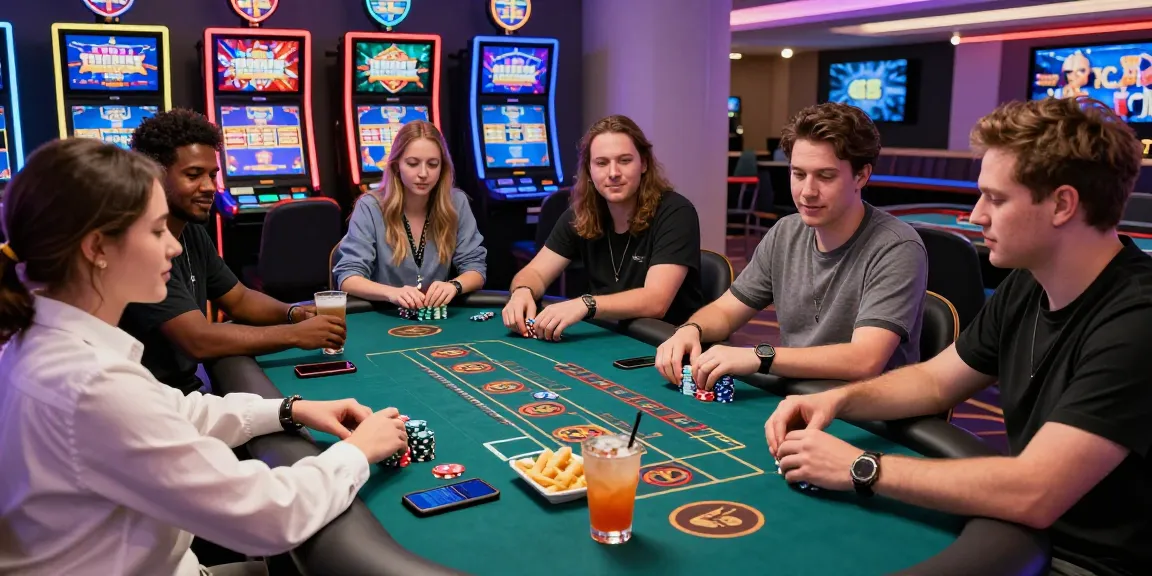 Diverse players engaging in exciting games at non UKGC casinos with vibrant slot machines.