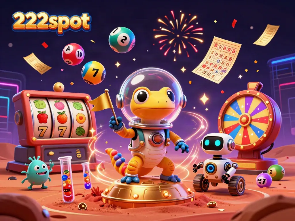 Permainan slot 222slot yang mengasyikkan dengan Martian gecko dan robot yang merayakan jackpot di kasino Mars.