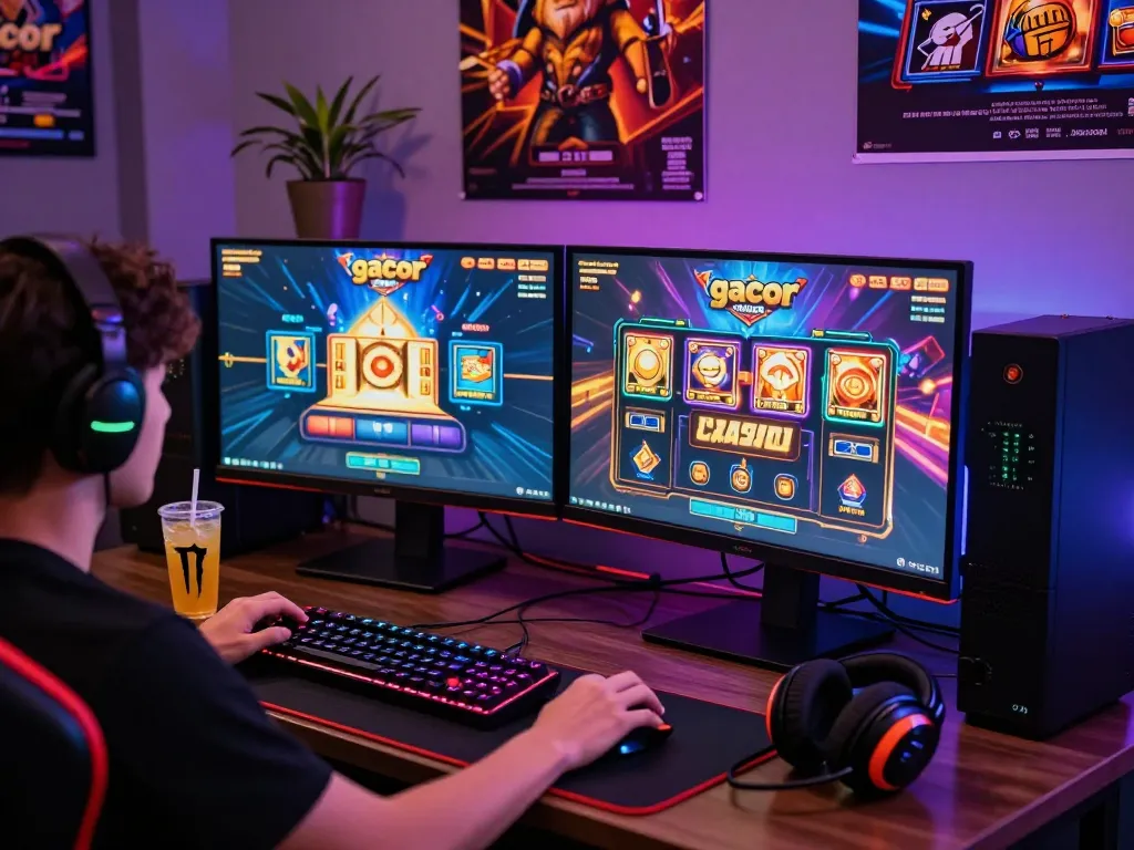 Player enjoying a thrilling session of slot gacor, showcasing vibrant game graphics in a modern gaming setup.