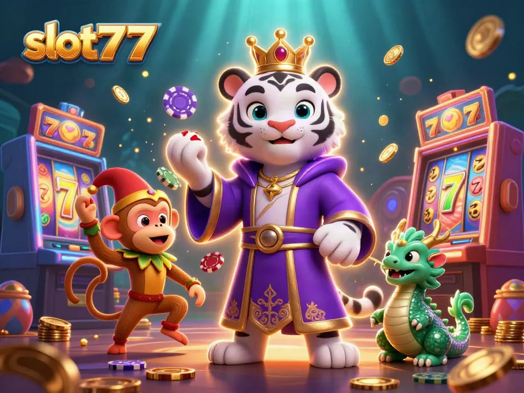 Slot777 menggoda dengan macan putih dan ikon kasino penuh warna dalam ilustrasi 3D yang memukau.