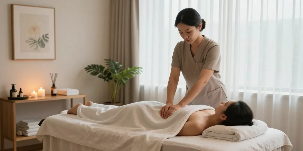 1인샵 massage therapist providing a relaxing Swedish massage in a serene studio.