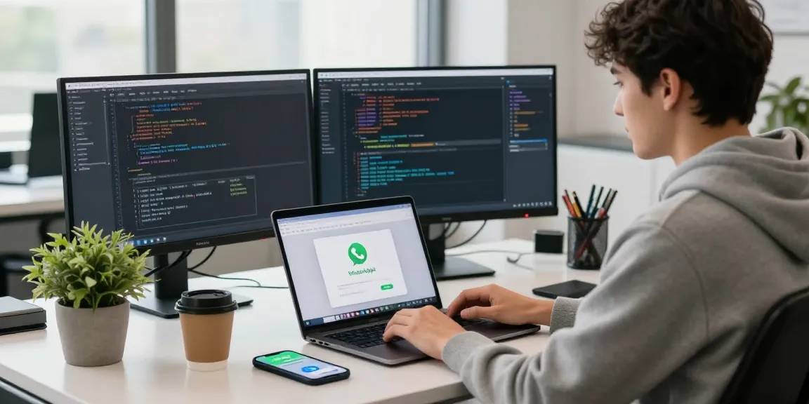 Engaging workspace with WhatsApp電腦版 open on a laptop, showing a modern tech environment.