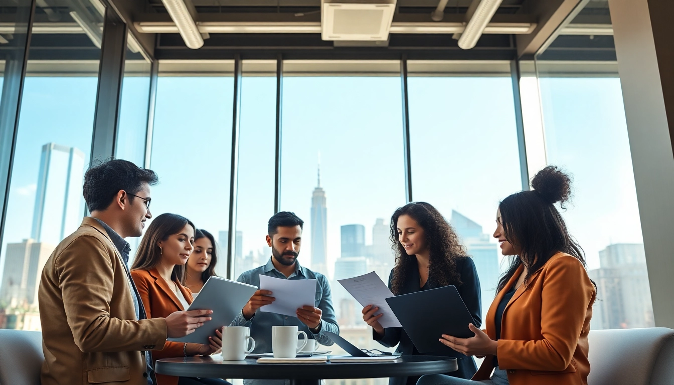 Engaged professionals discussing new york jobs in a bright office featuring the New York skyline.