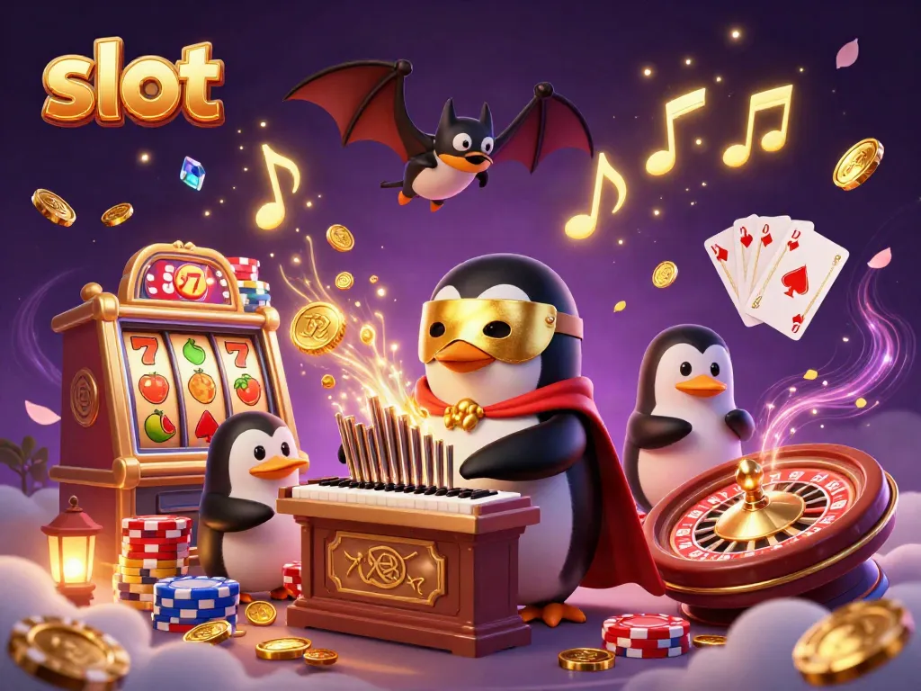 Engaging 3D slot-themed illustration showcasing an opera penguin with coins, reels, and casino elements.