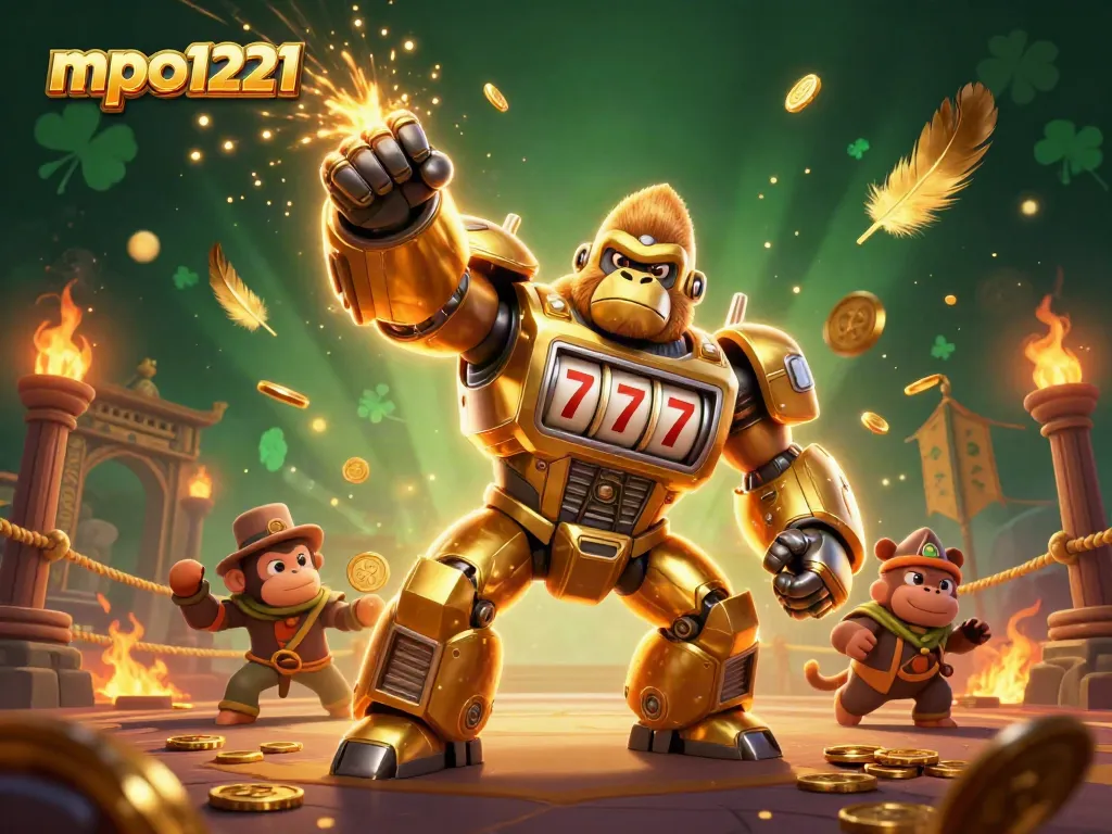 Experience the excitement of mpo1221 with an explosive 3D golden gorilla mech and casino elements.