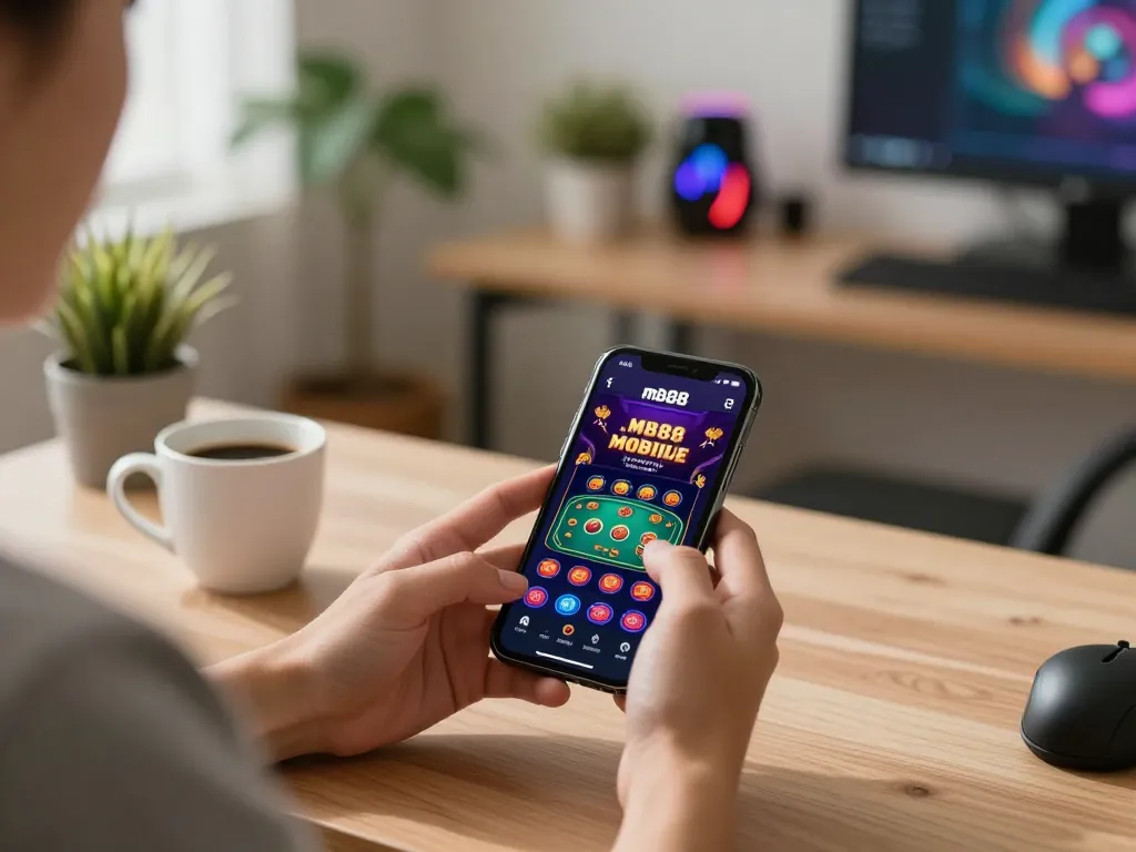 Person enjoying online gambling on mb88 app in a cozy home setting.