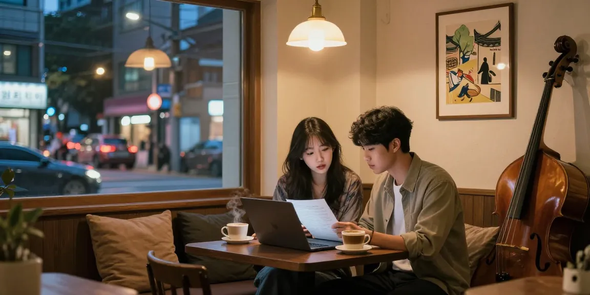 Captivating cozy cafe ambiance as a couple prepares for their night out at 상봉동 한국관나이트.