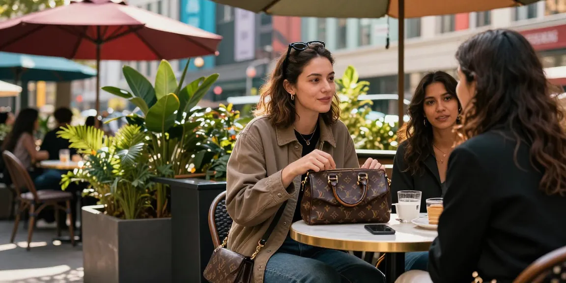 Trendy individual displaying a 레플리카 handbag during a vibrant café outing.