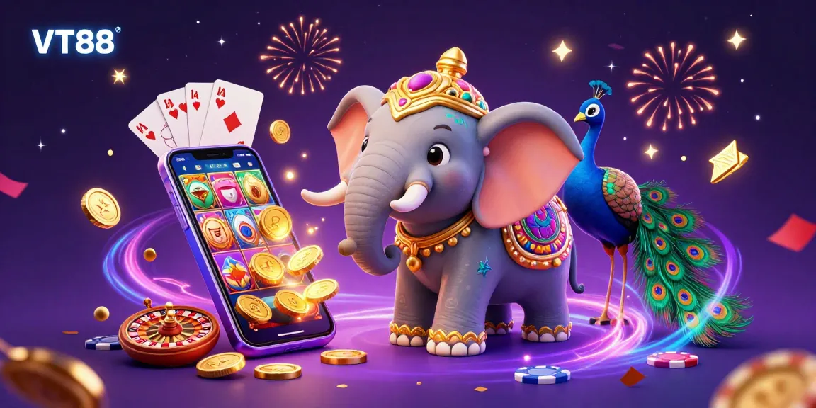 Experience the excitement of VT88's vibrant 3D casino illustration with dynamic games and festive elements.