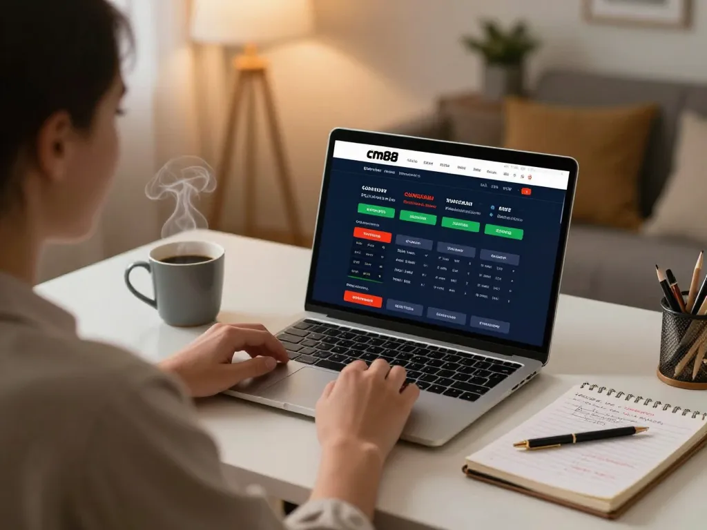 Engaged player using cm88 bookmaker for online betting at home, with vibrant interface and cozy decor.