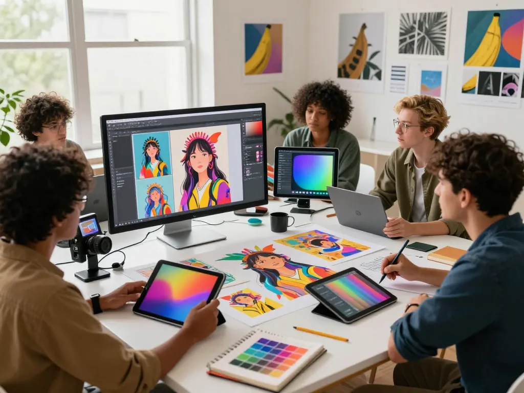 Artists collaborating on a digital canvas using nano banana 2 AI image editor, showcasing vibrant creativity.