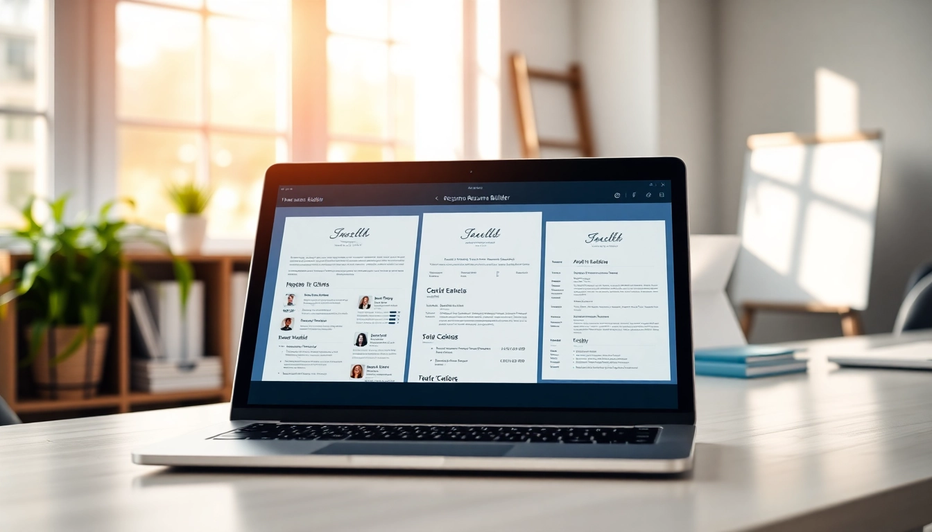 Create a polished resume with the Resume Builder on a sleek laptop in a modern office.