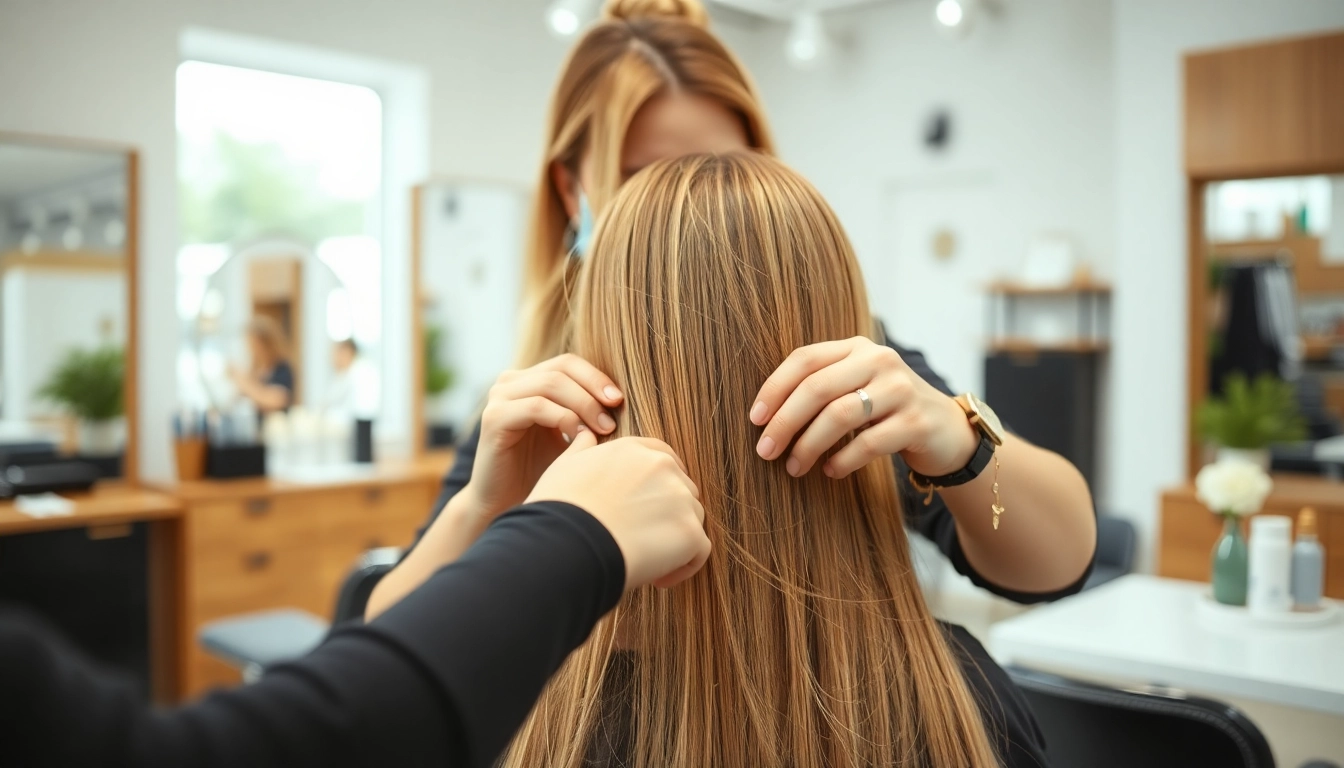 Applying sew in weft hair extensions in a stylish salon, showcasing techniques and vibrant hair.