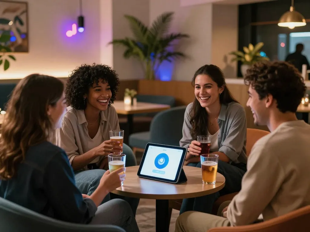 Friends enjoying a fun AI chatbot experience, socializing and engaging in an inviting lounge atmosphere, ia +18