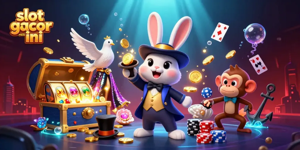 Ilustrasi slot gacor malam ini dengan karakter kartun dan elemen perjudian yang menarik.