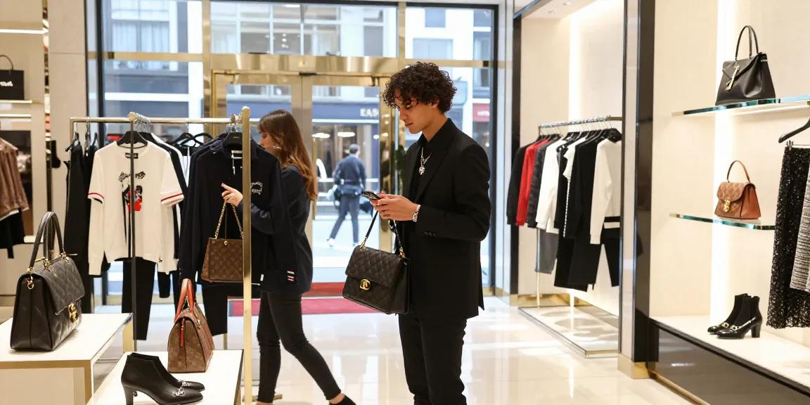Stylish shopper exploring luxury replica products in a chic mall setting, emphasizing 명품 레플리카 quality.