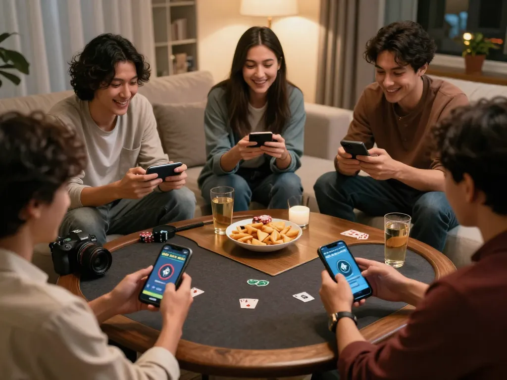 Friends engaging in online poker game using hidden wiki onion interface in a cozy home setting