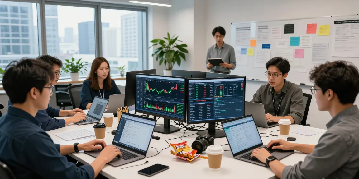开发人员在现代金融科技办公室中讨论新股WebSocket推送接口，实时股票数据和图表显示在多个显示器上。