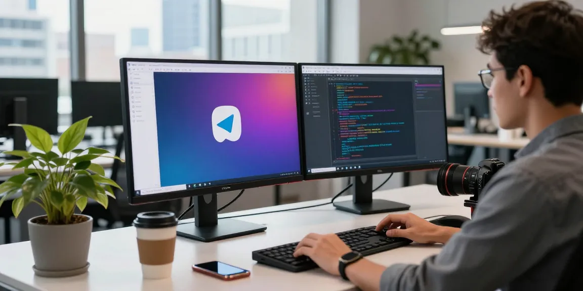 Developer using Telegram app on dual monitors in a modern office workspace, highlighting 纸飞机中文版 features.