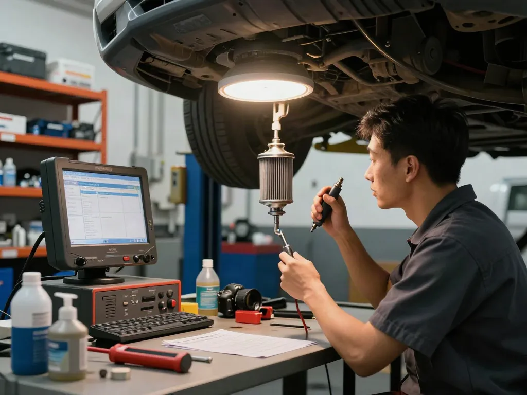 Mechaniker reinigt DPF in einem professionellen Werkstattumfeld, DPF reinigen durch spezialisierte Geräte.
