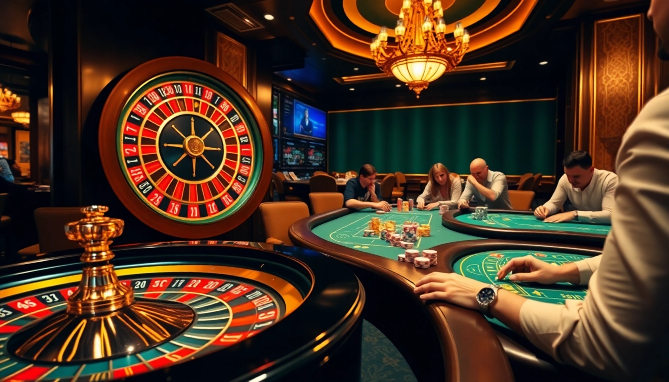 Découvrez le frisson du site de casino en ligne avec une scène de casino vibrante mettant en avant des jetons de poker et une roulette.