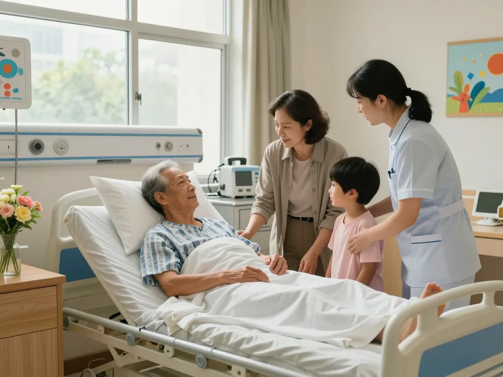 Cozy hospital setting with giường bệnh nhân supporting elderly patient, surrounded by family and healthcare professionals.