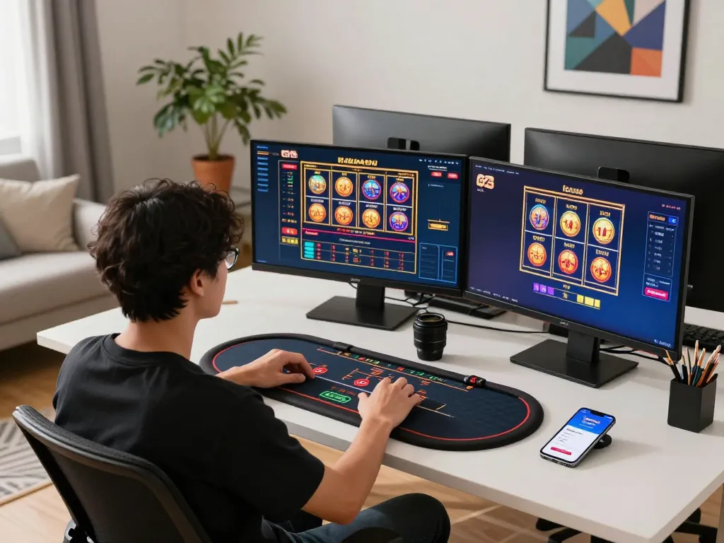 Engaging with the TRANG CHỦ G28 casino app on a stylish home gaming setup showcasing multiple screens of online games.