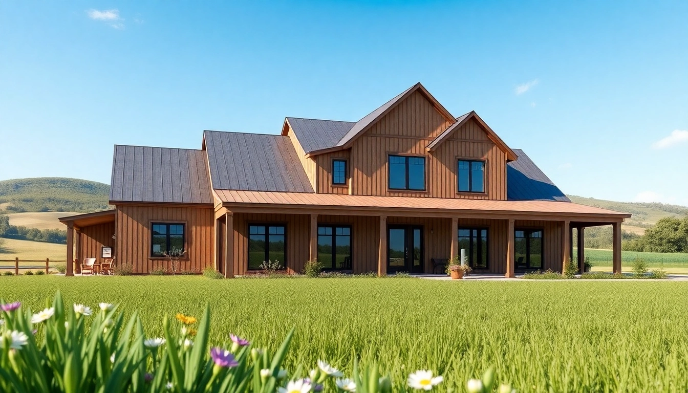 Showcasing the Winding River Farmhouse New Build against a picturesque rural backdrop.