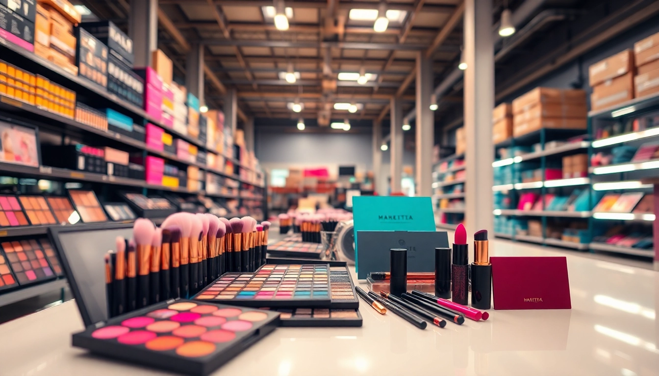 Wholesale makeup suppliers displaying colorful palettes and brushes in a modern warehouse.