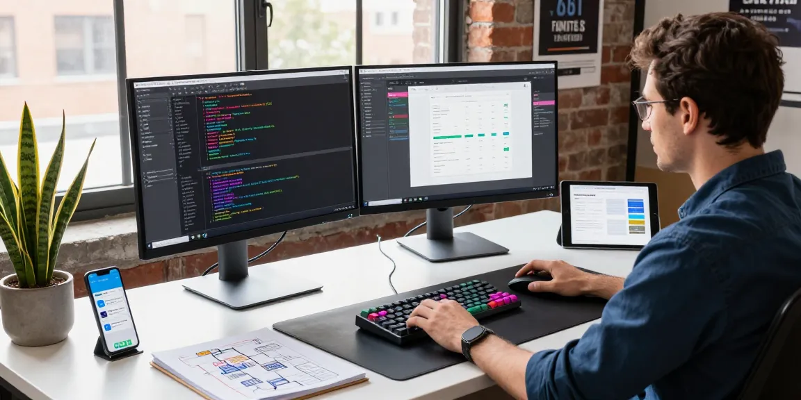 Developer coding at a workspace, showcasing telegram中文 app interface design for software development