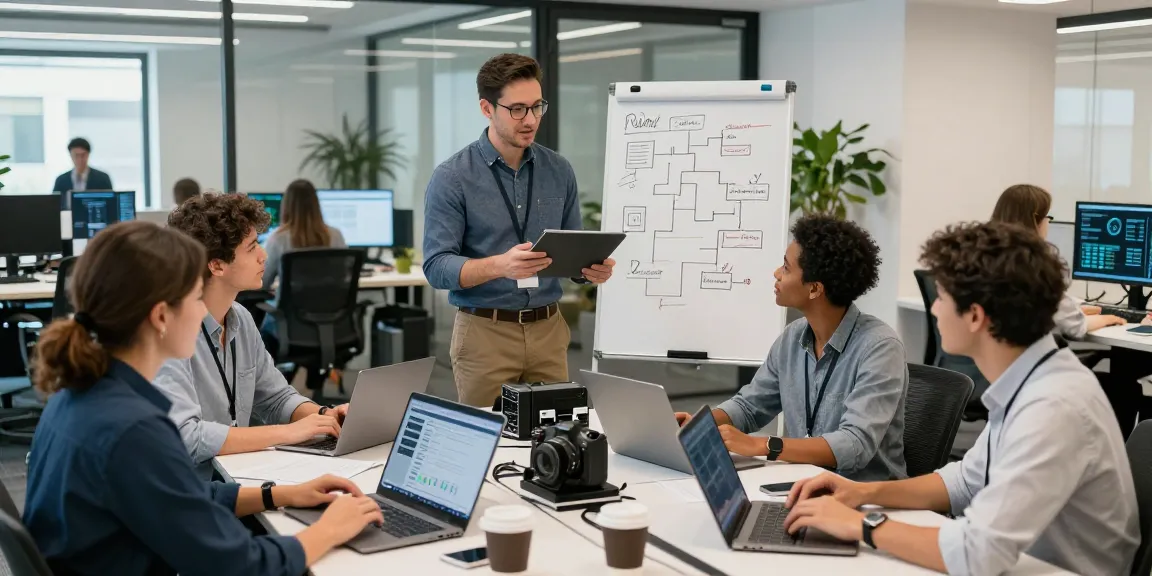 Team collaborating in a modern office showcasing IT helpdesk services London, vibrant workspace with tech equipment and strategic notes.