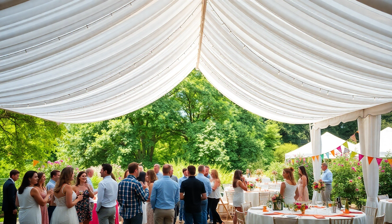 Guests enjoying a festive gathering under stunning party tent rentals in a beautifully decorated garden.