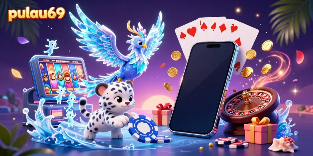 Engage with pulau69 through a captivating illustration of casino excitement featuring an ice phoenix and slot games.