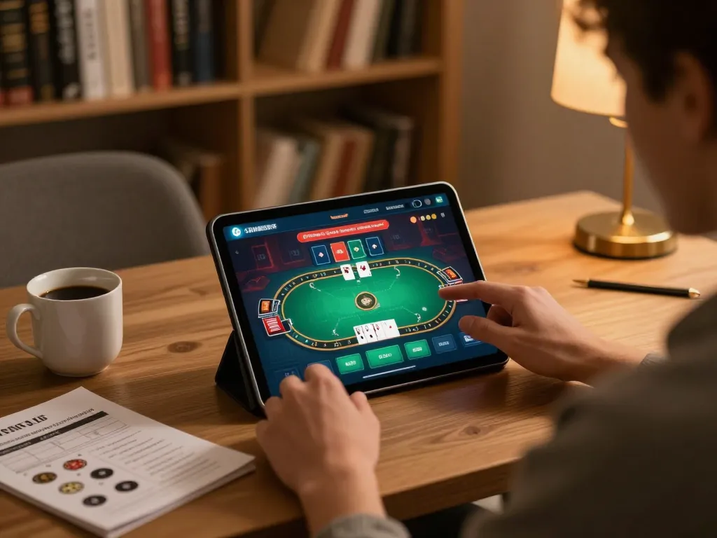 Casino senza registrazione enjoying online gaming on tablet with warm home ambiance.