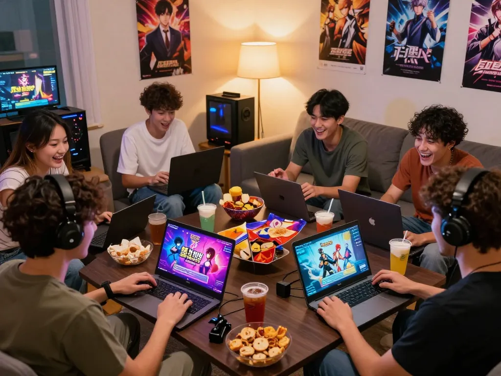 Players engaged in porn games online in a lively living room, illustrating interactive visual novel experiences.