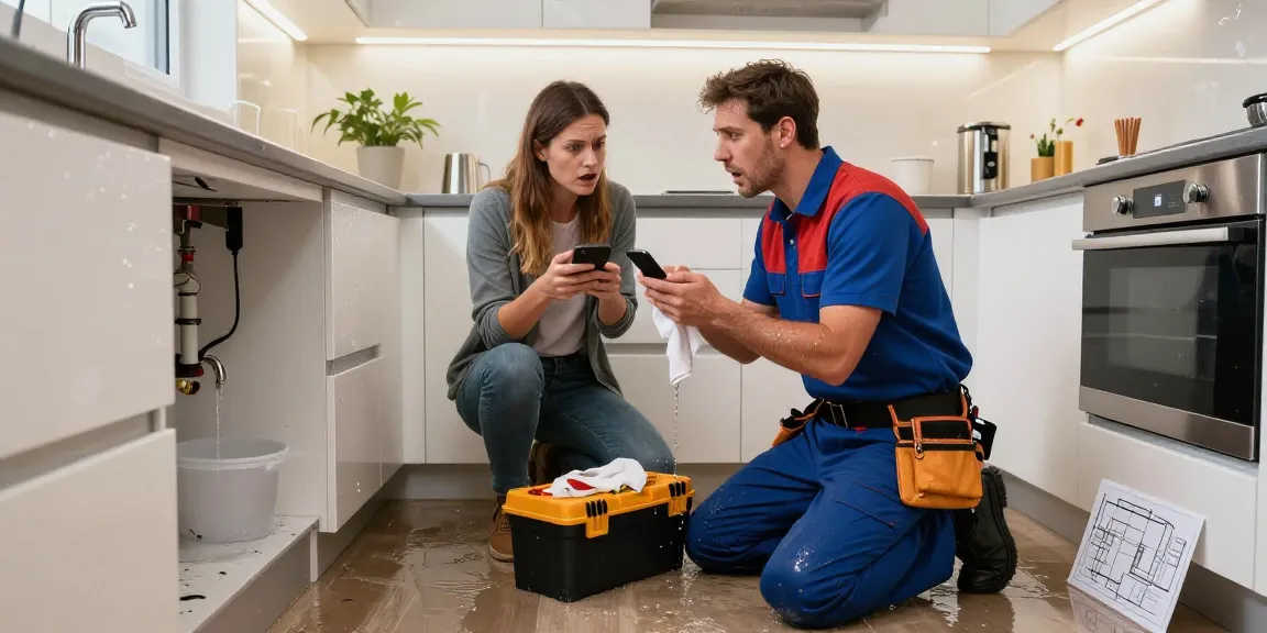 Urgent plumber in Leighton Buzzard addressing a kitchen flooding emergency with a stressed homeowner.