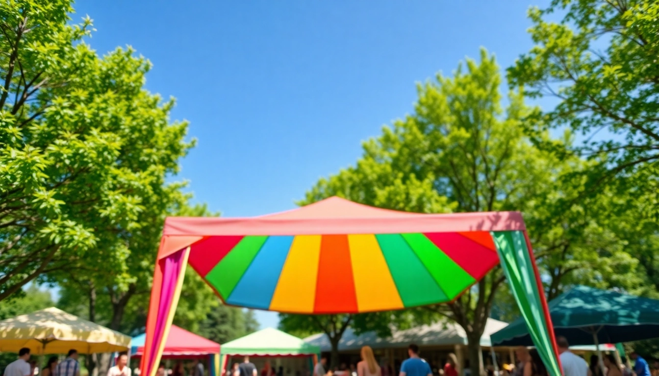 Enjoying shade under a pop up canopy during a lively outdoor event.
