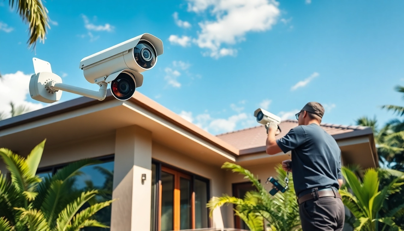 Cámaras de seguridad en Guanacaste instalándose en una casa moderna por un técnico, mostrando tecnología avanzada.